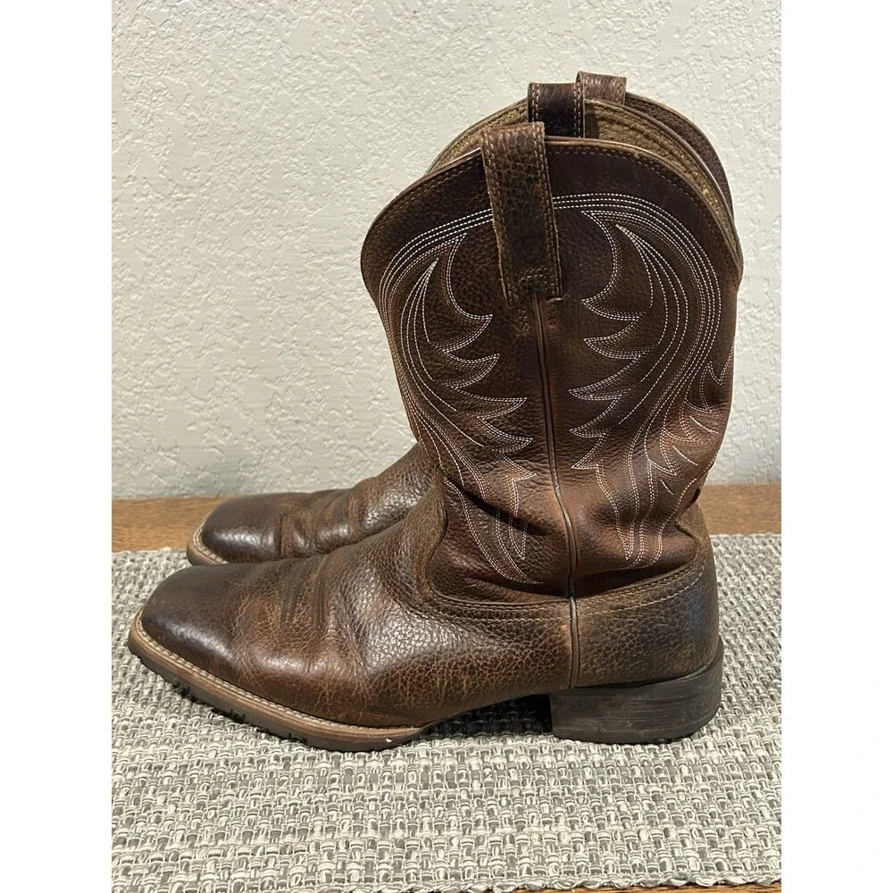 Ariat Men’s Hybrid Ranchers Boots Brown Leather Square Toe Stitching Size 14
